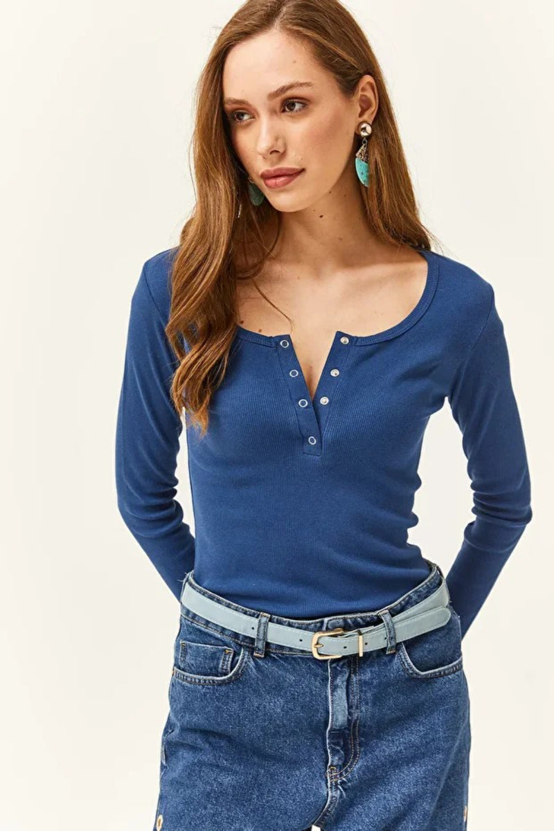 Button Placket Ribbed Blouse