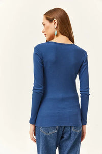 Button Placket Ribbed Blouse