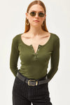 Button Placket Ribbed Blouse