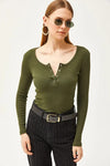 Button Placket Ribbed Blouse