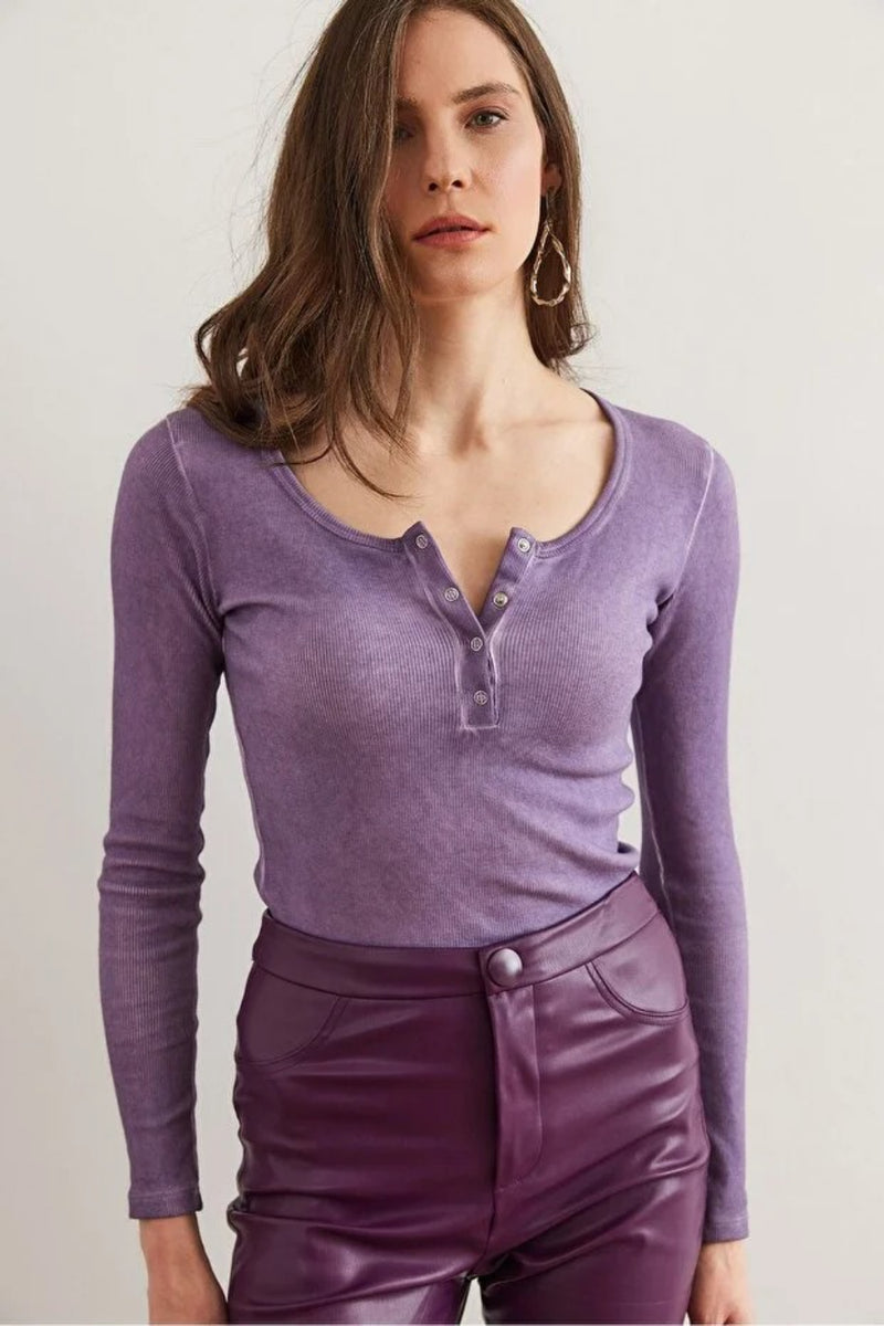 Button Placket Ribbed Blouse