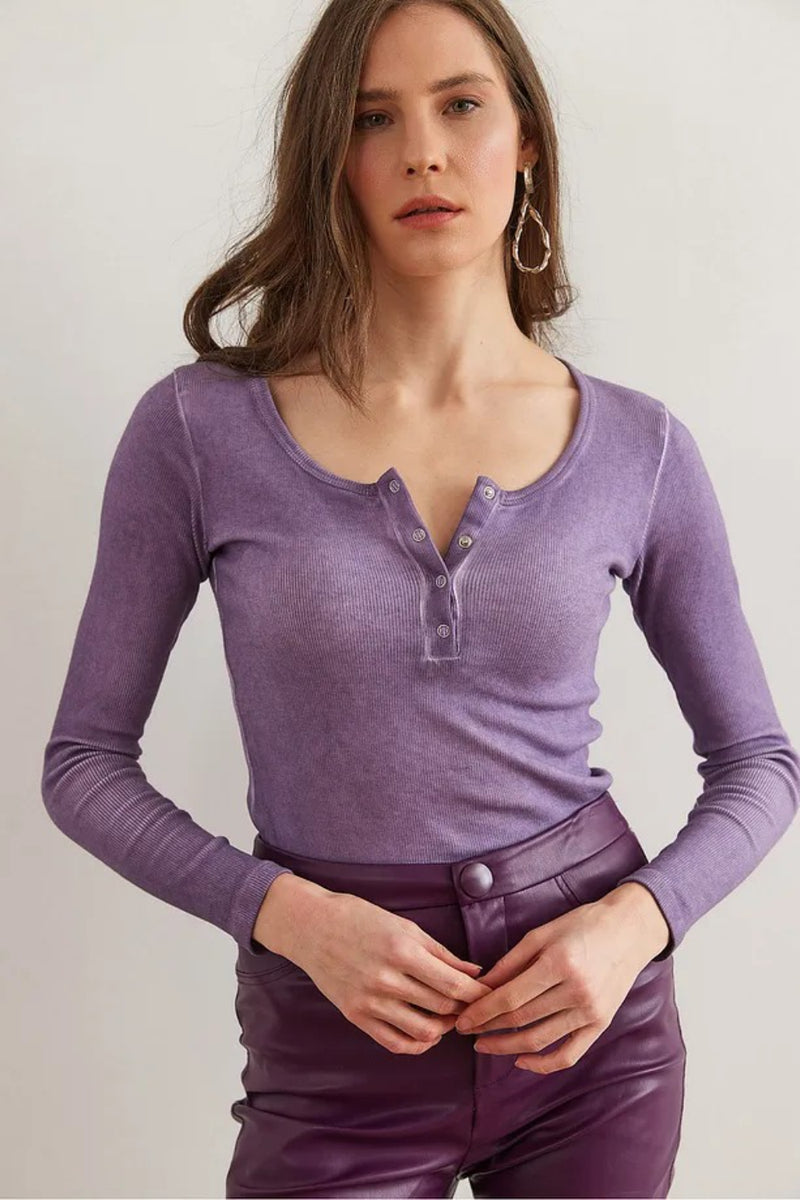 Button Placket Ribbed Blouse