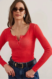 Button Placket Ribbed Blouse