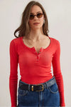 Button Placket Ribbed Blouse