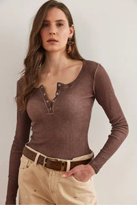 Button Placket Ribbed Blouse