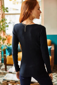 Button Placket Ribbed Blouse