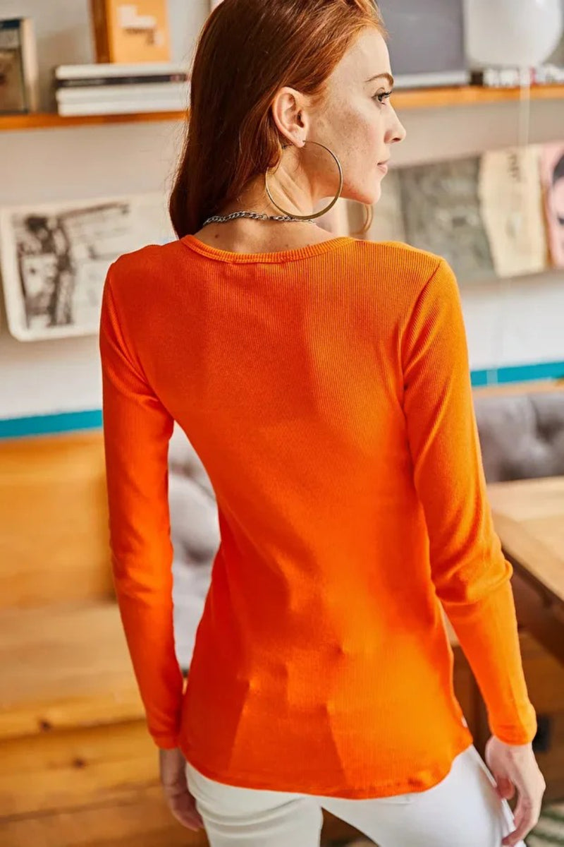 Button Placket Ribbed Blouse