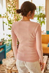 Button Placket Ribbed Blouse