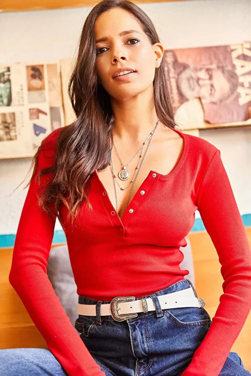 Button Placket Ribbed Blouse
