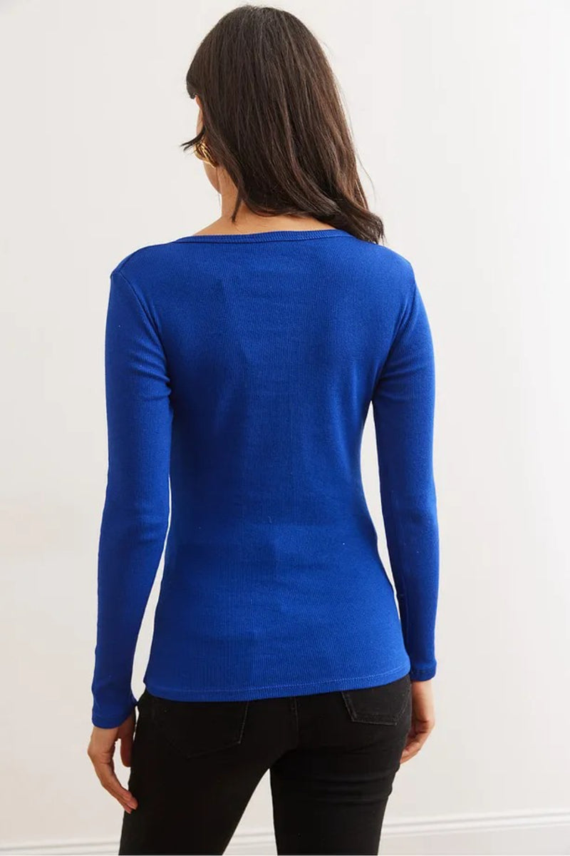 Button Placket Ribbed Blouse