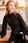 Crepe Blouse with Keyhole Front and Balloon Sleeves