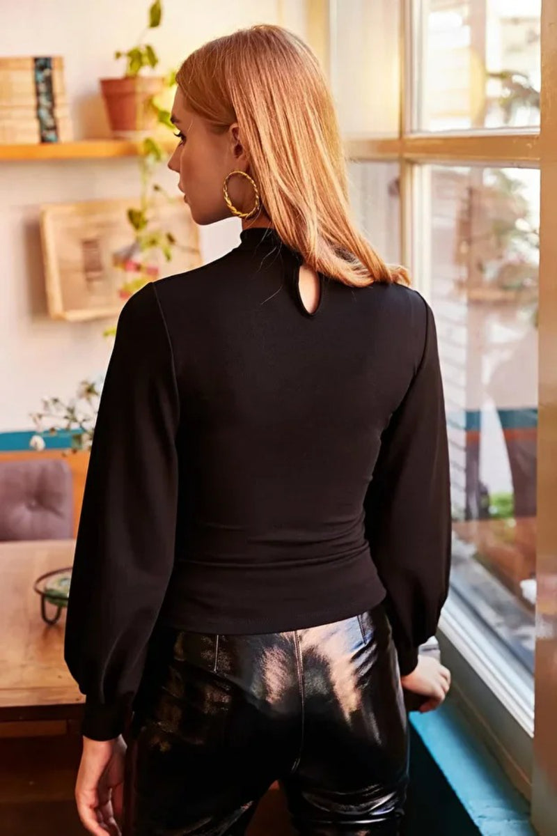 Crepe Blouse with Keyhole Front and Balloon Sleeves