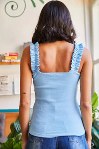 Ruffled Strap Stretch Ribbed Blouse