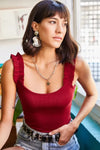 Ruffled Strap Stretch Ribbed Blouse