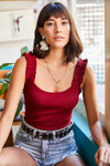 Ruffled Strap Stretch Ribbed Blouse