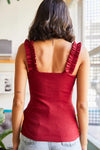 Ruffled Strap Stretch Ribbed Blouse