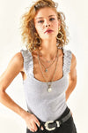 Ruffled Strap Stretch Ribbed Blouse