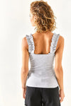 Ruffled Strap Stretch Ribbed Blouse
