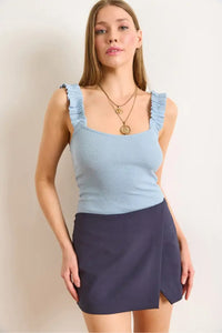 Ruffled Strap Stretch Ribbed Blouse