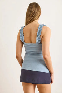 Ruffled Strap Stretch Ribbed Blouse