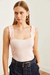 Ruffled Strap Stretch Ribbed Blouse