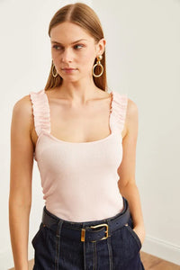 Ruffled Strap Stretch Ribbed Blouse