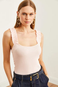 Ruffled Strap Stretch Ribbed Blouse
