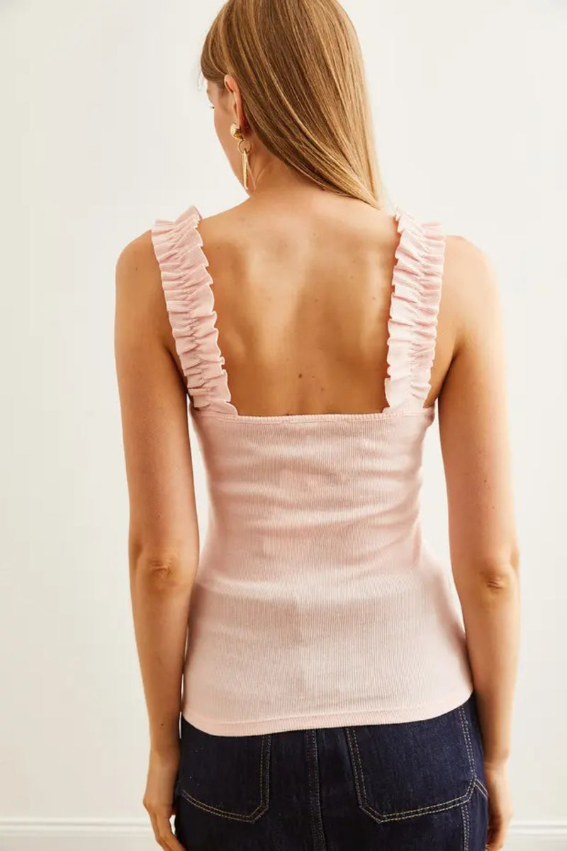 Ruffled Strap Stretch Ribbed Blouse