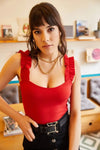 Ruffled Strap Stretch Ribbed Blouse