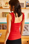 Ruffled Strap Stretch Ribbed Blouse