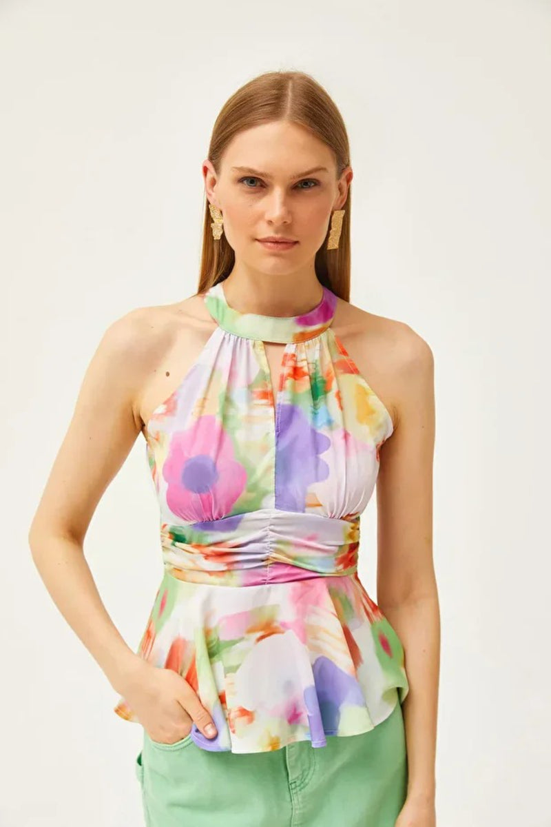 Halter Neck Crepe Blouse with Waist Detail
