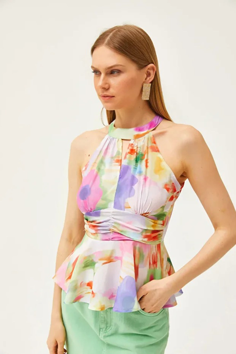 Halter Neck Crepe Blouse with Waist Detail