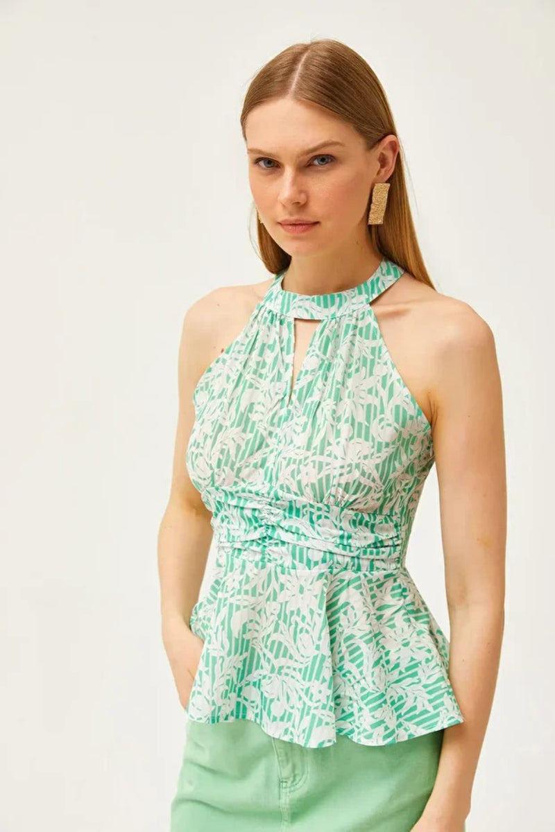 Halter Neck Crepe Blouse with Waist Detail
