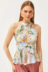 Halter Neck Crepe Blouse with Waist Detail