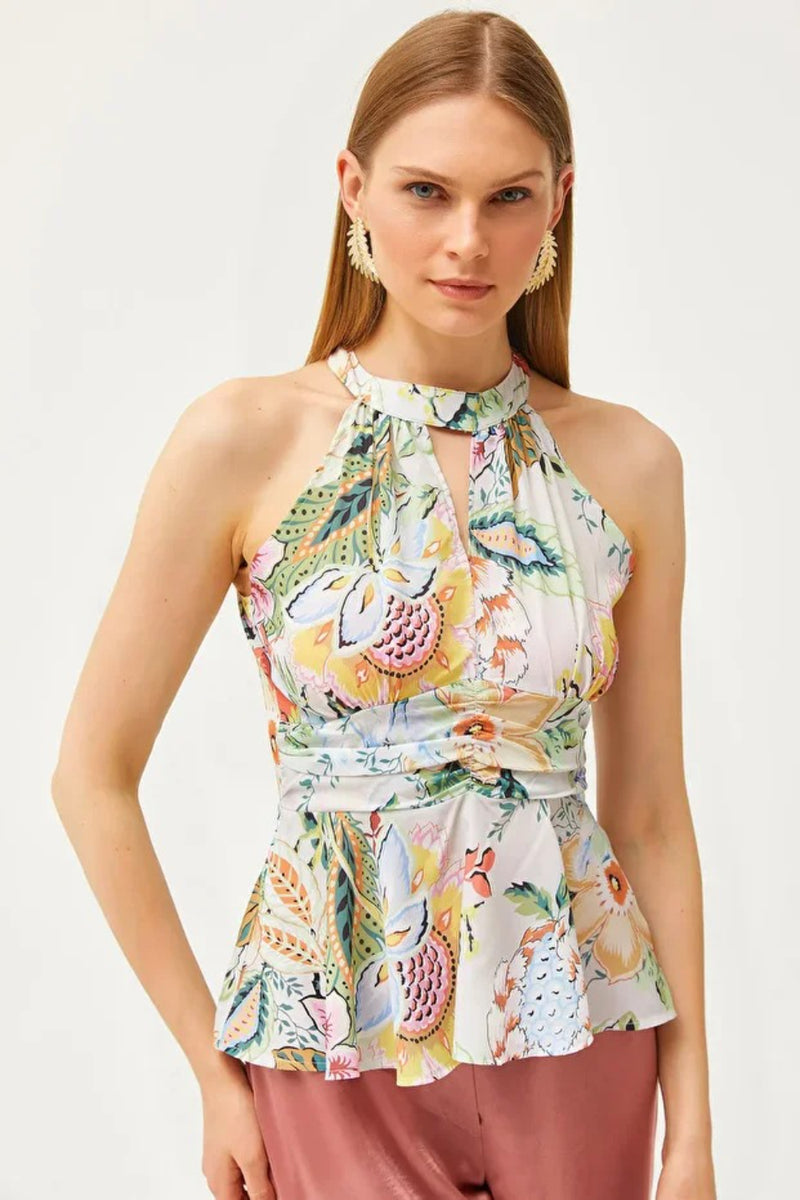 Halter Neck Crepe Blouse with Waist Detail