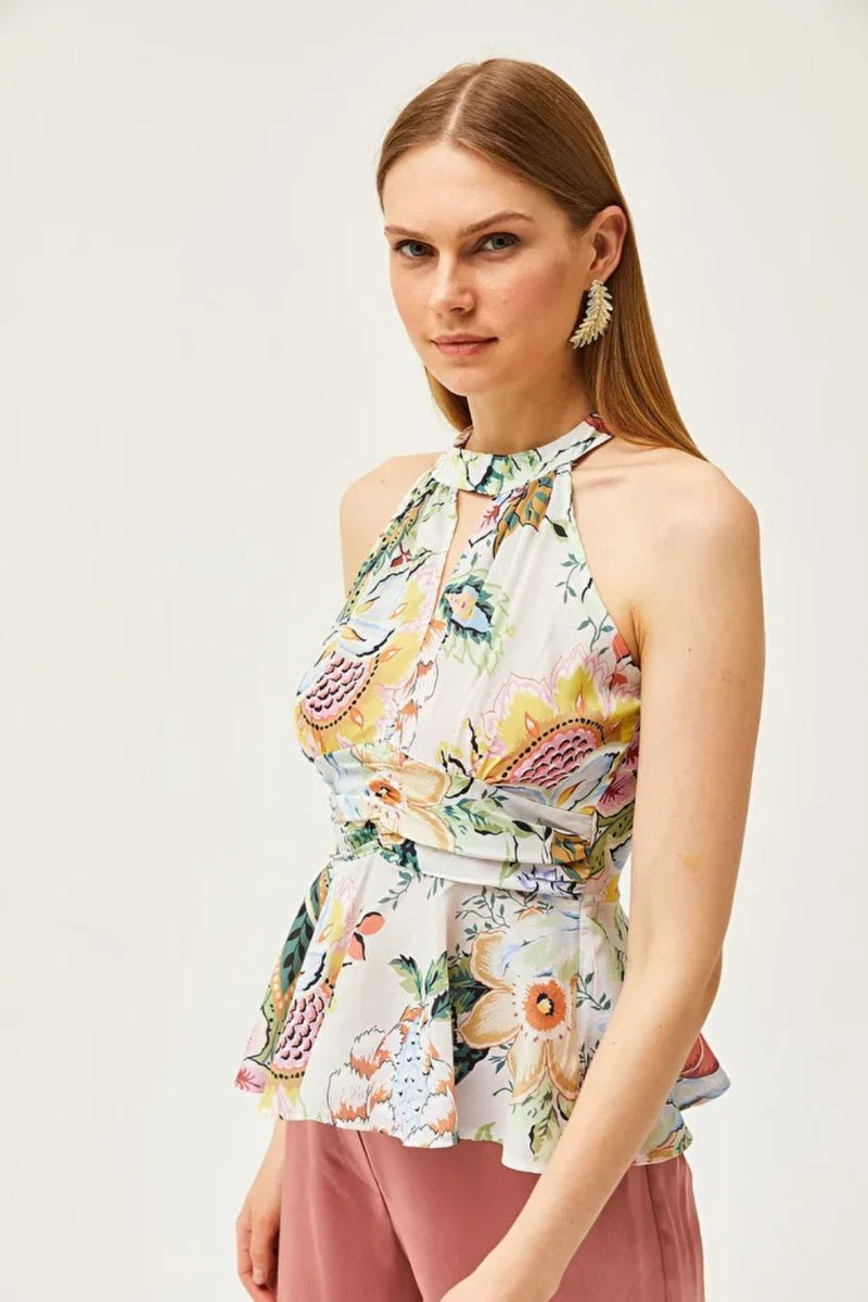 Halter Neck Crepe Blouse with Waist Detail