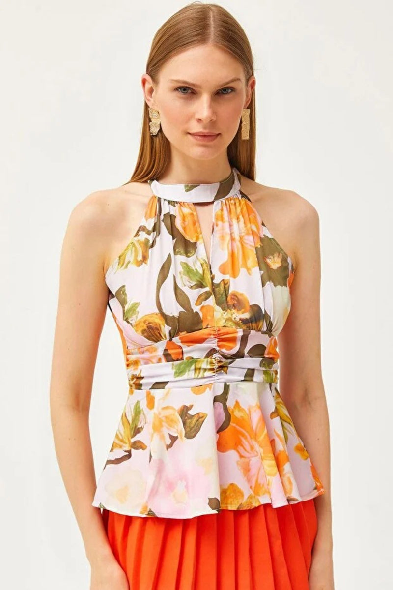 Halter Neck Crepe Blouse with Waist Detail
