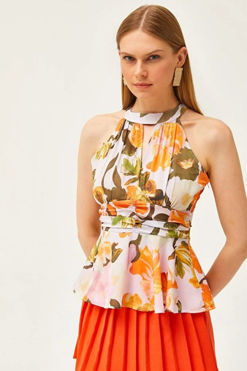 Halter Neck Crepe Blouse with Waist Detail