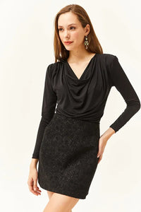Padded-Pleated V-Neck Blouse