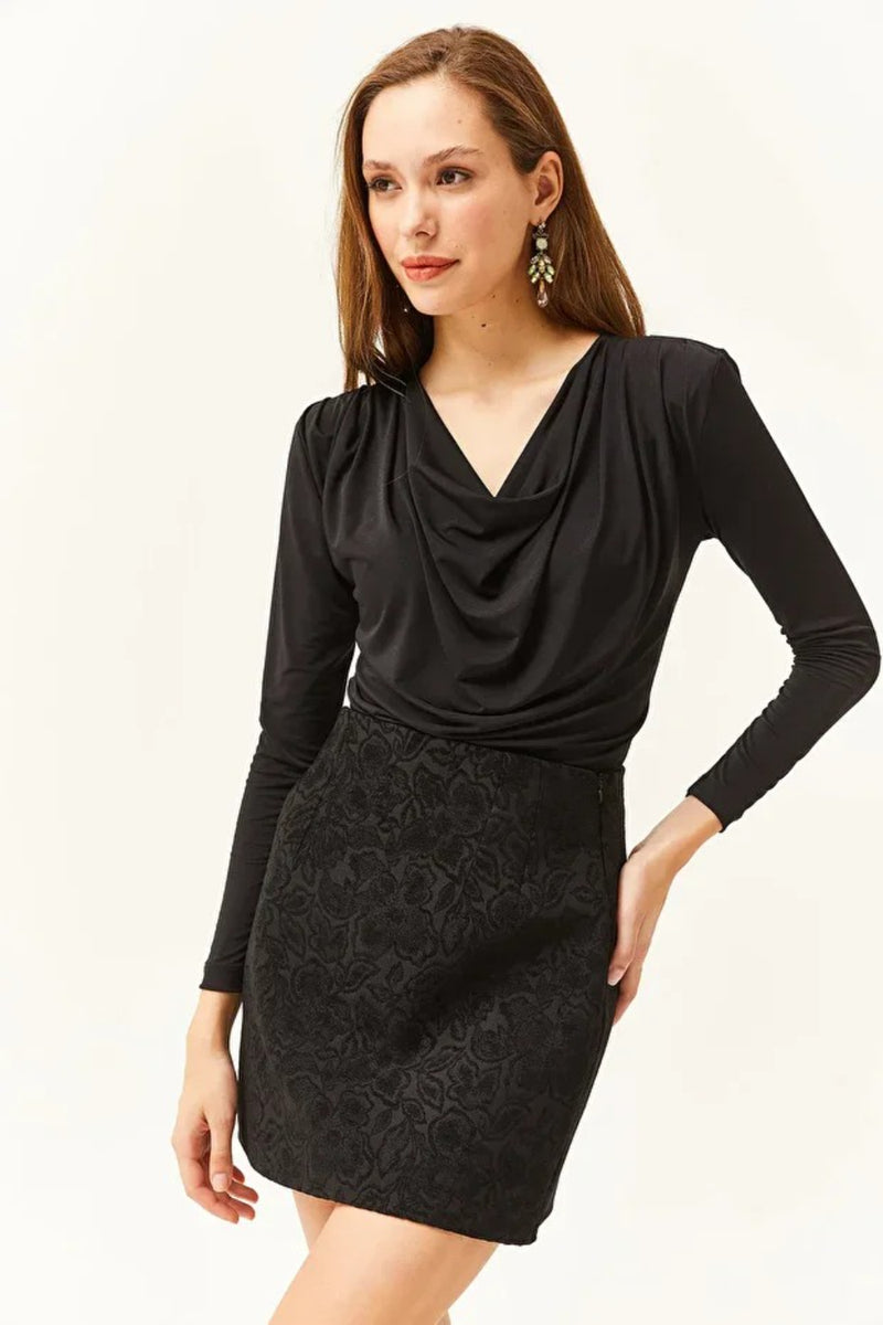 Padded-Pleated V-Neck Blouse