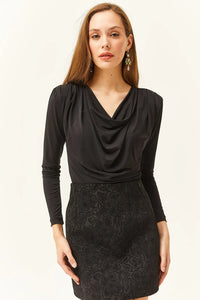 Padded-Pleated V-Neck Blouse