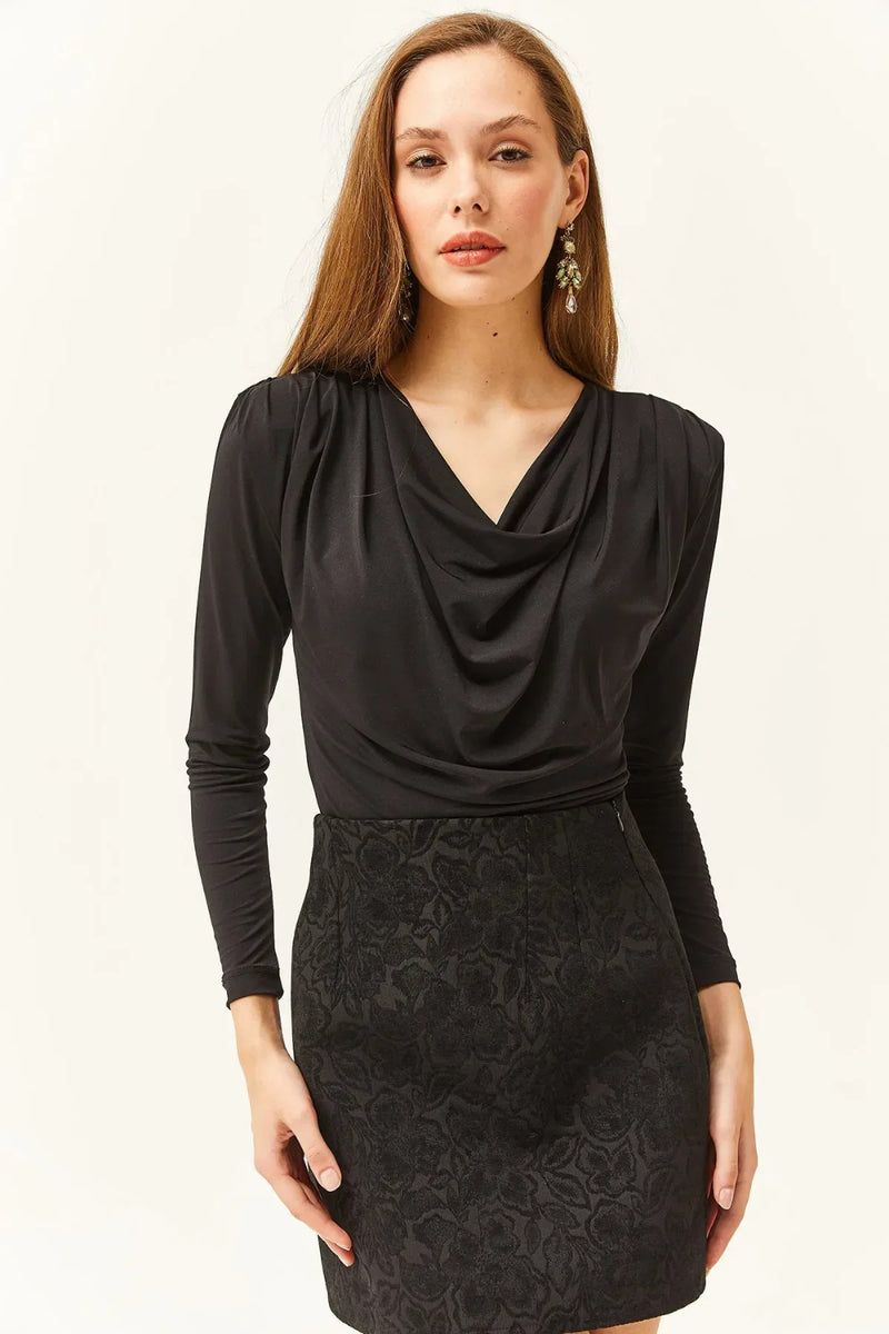 Padded-Pleated V-Neck Blouse