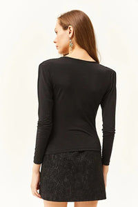 Padded-Pleated V-Neck Blouse