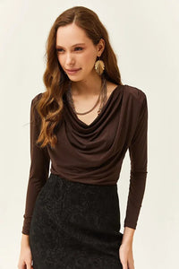 Padded-Pleated V-Neck Blouse