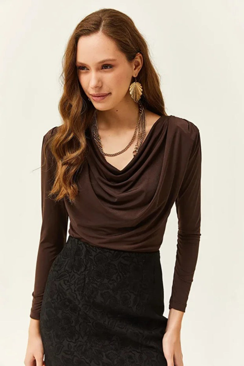 Padded-Pleated V-Neck Blouse