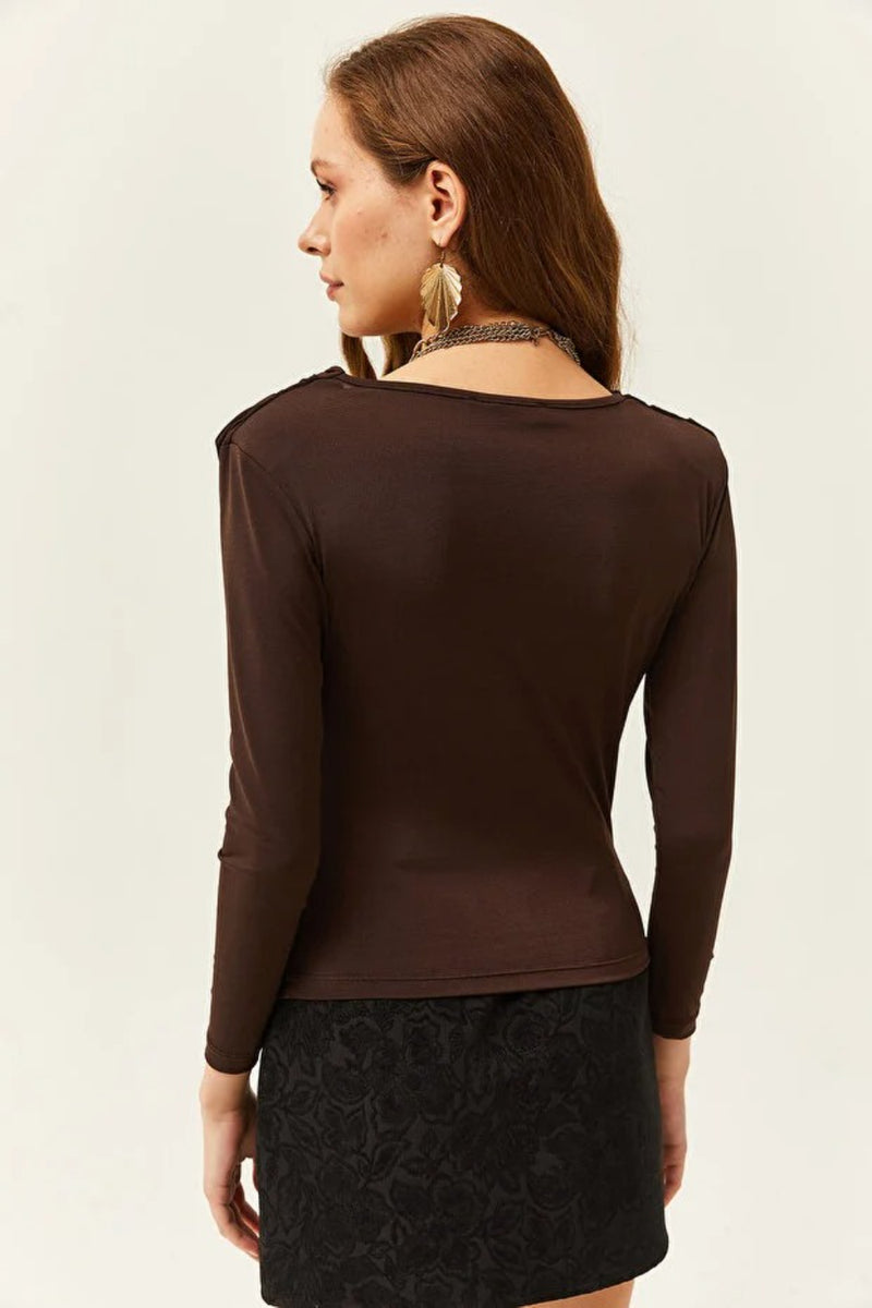 Padded-Pleated V-Neck Blouse