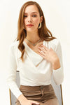 Padded-Pleated V-Neck Blouse