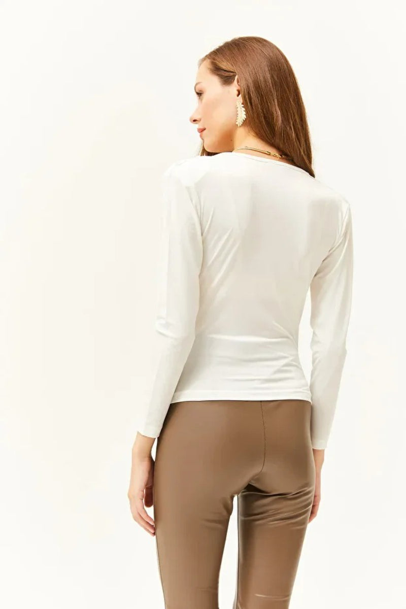 Padded-Pleated V-Neck Blouse