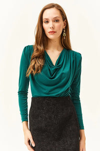 Padded-Pleated V-Neck Blouse