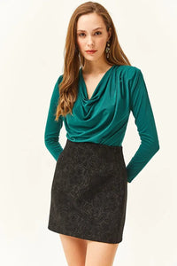 Padded-Pleated V-Neck Blouse